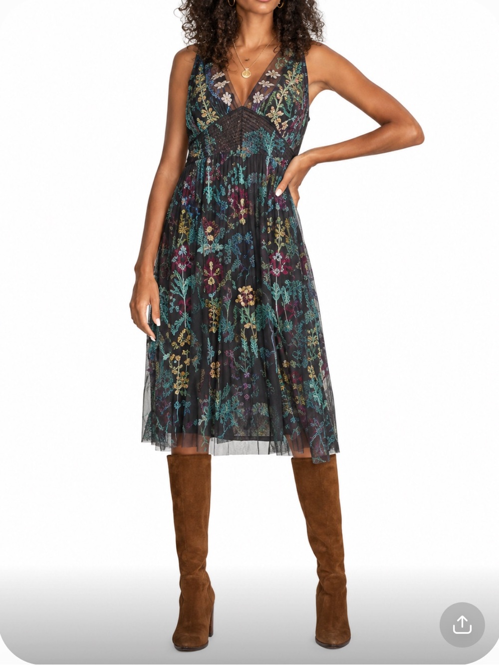 JOHNNY WAS Caddie Embroidered Sheer V-Neck Midi Dress in Taupe